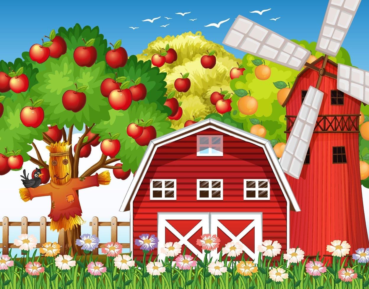 Farm scene with red barn and windmill vector
