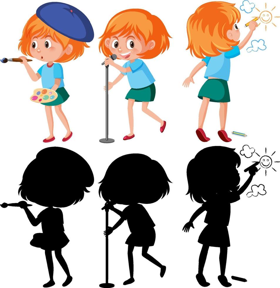 Set of a girl doing different activities with silhouette vector