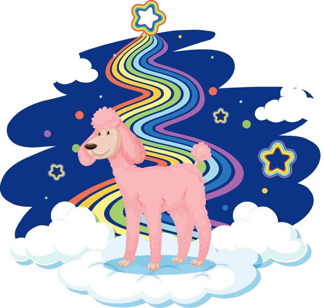 lindo caniche de pie en la nube con arco iris vector