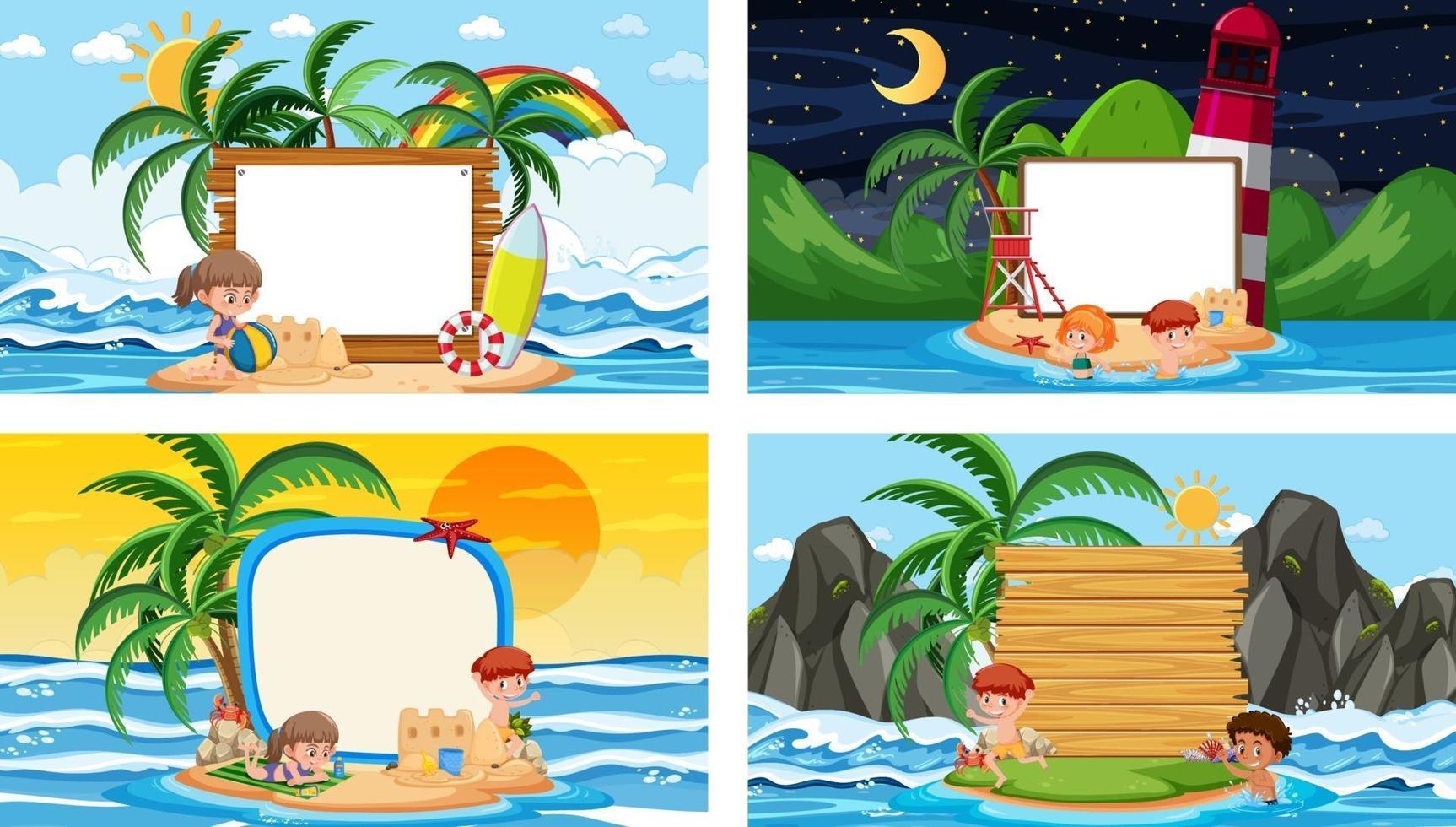 conjunto de diferentes escenas de playa tropical con banner en blanco vector