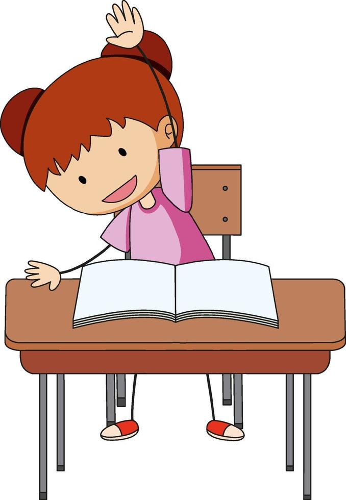 A girl doing homework doodle cartoon character vector