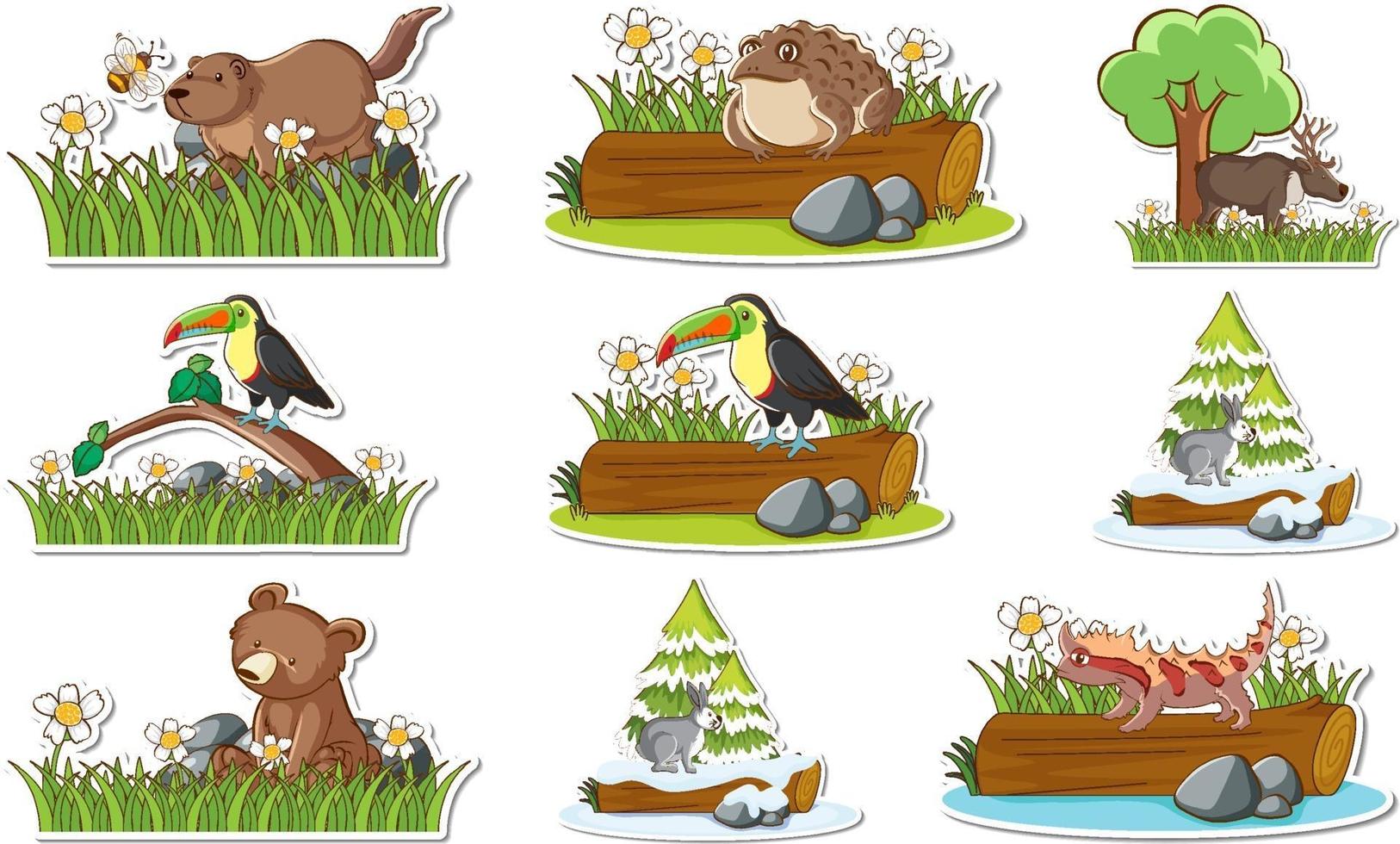 Sticker set with different wild animals and nature elements vector