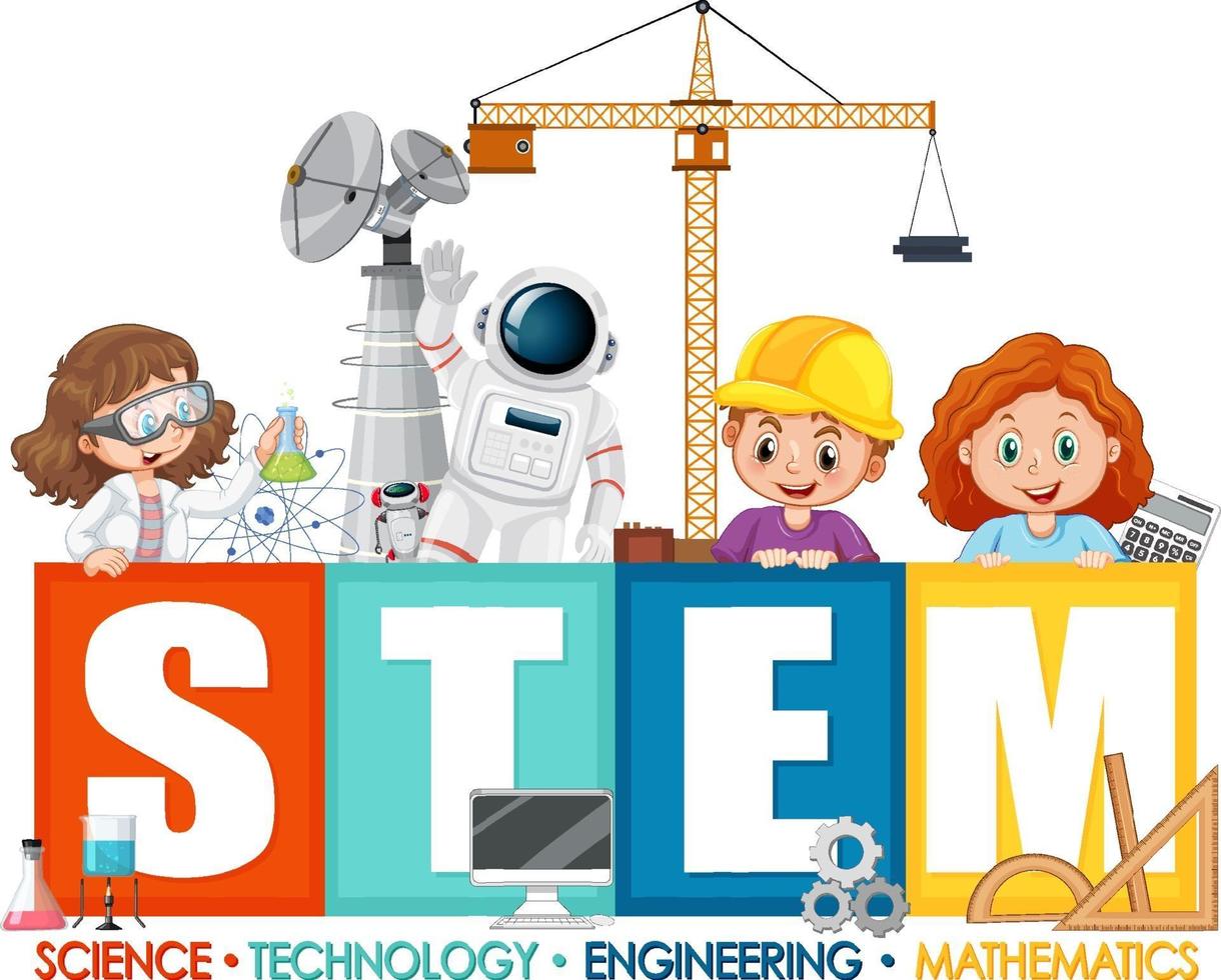 STEM education logo banner with kids cartoon character vector