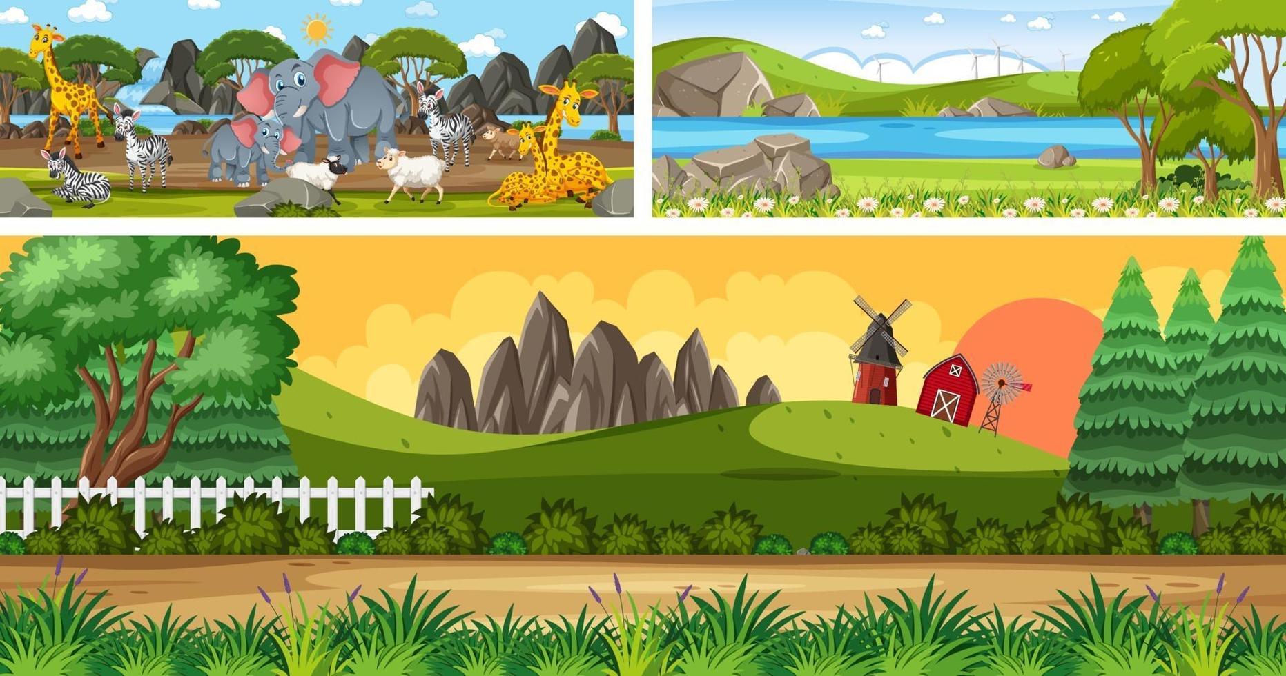 Set of outdoor panoramic landscape with cartoon character vector