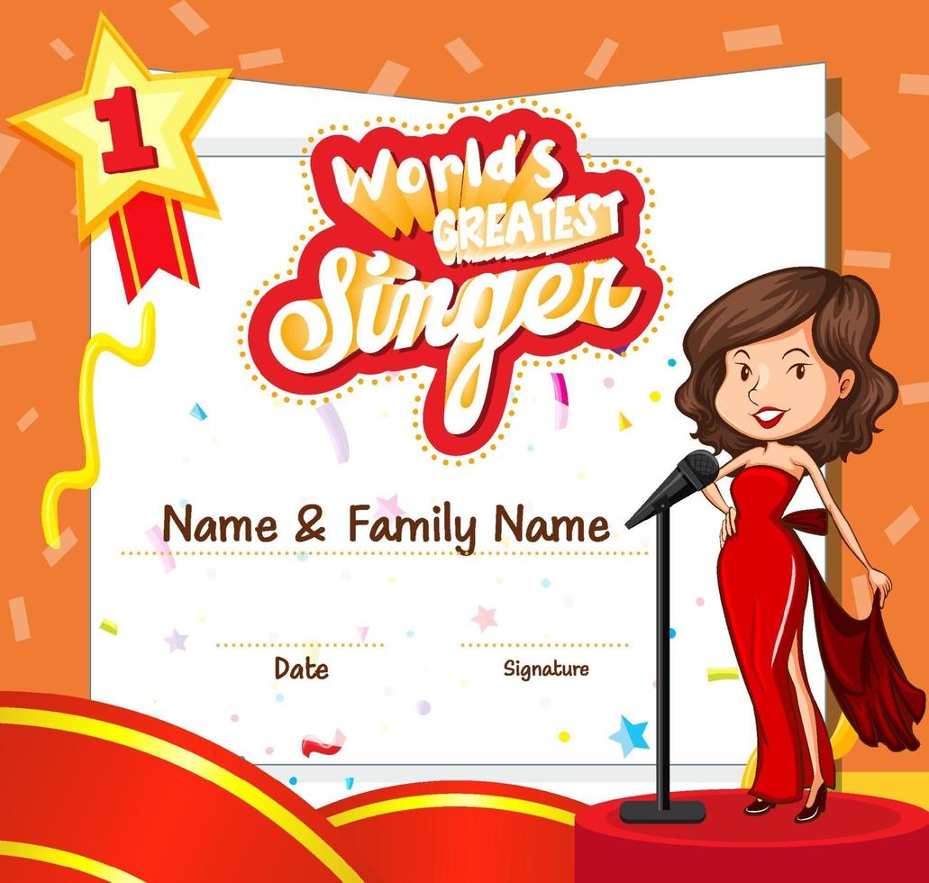 World greatest singer certificate template vector