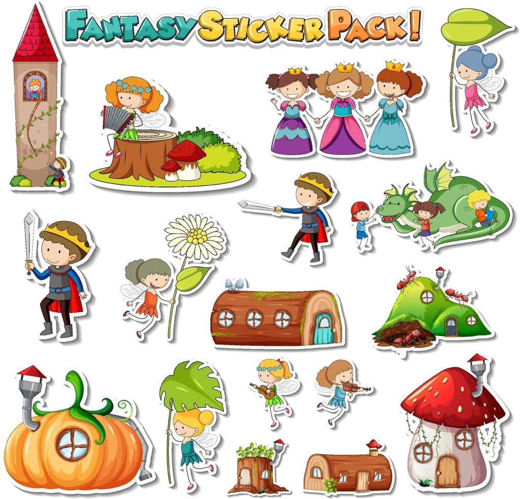 Sticker set with different fantasy cartoon characters vector