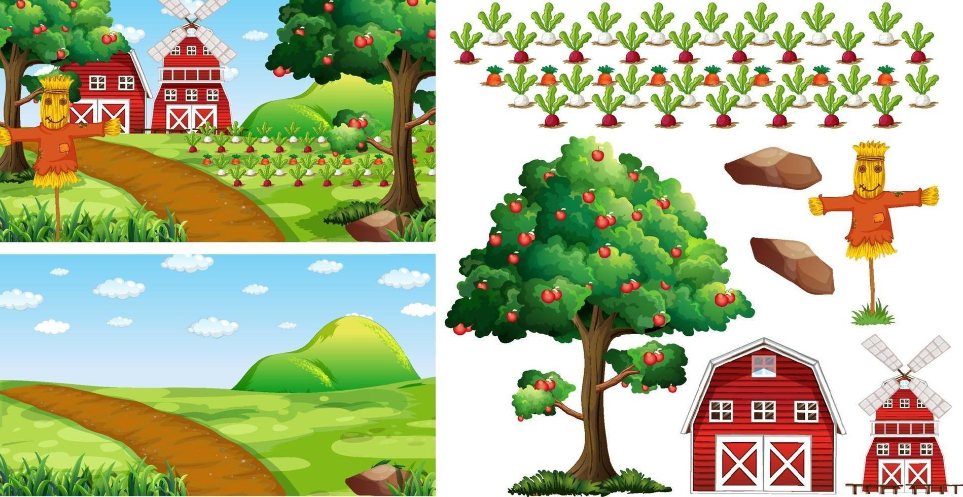 Farm element set isolated with farm scence vector