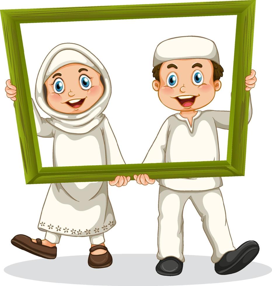 linda foto de niño y niña musulmana en marco de madera vector