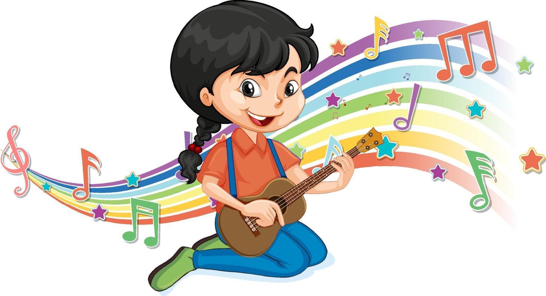 niña tocando la guitarra con símbolos de melodía en la onda del arco iris vector