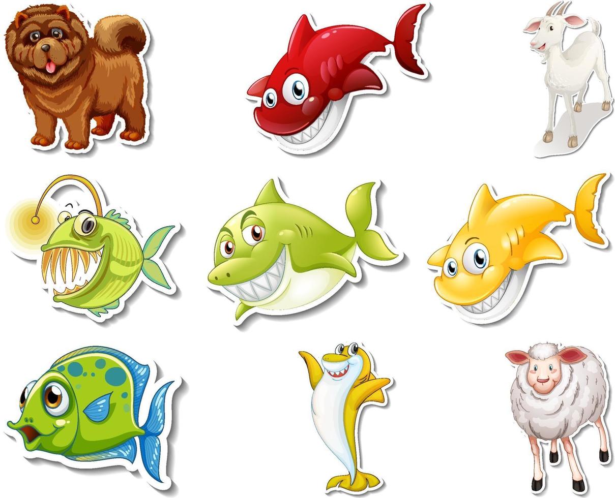 Set of stickers with sea animals and dogs cartoon character vector