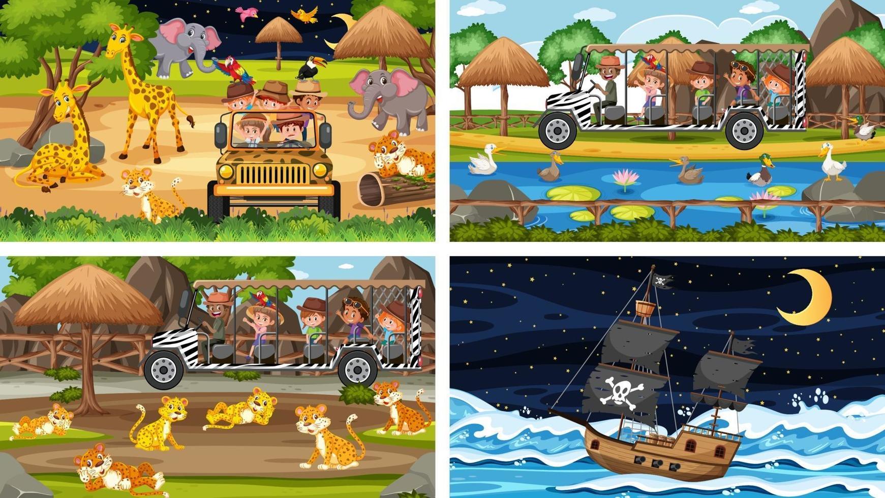 Diferentes escenas con animales en el zoológico y barco pirata en el mar. vector