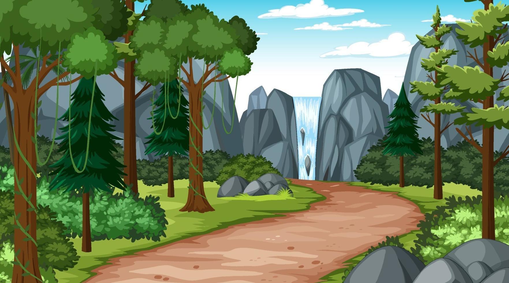 Walkway through the forest into waterfall landscape scene vector