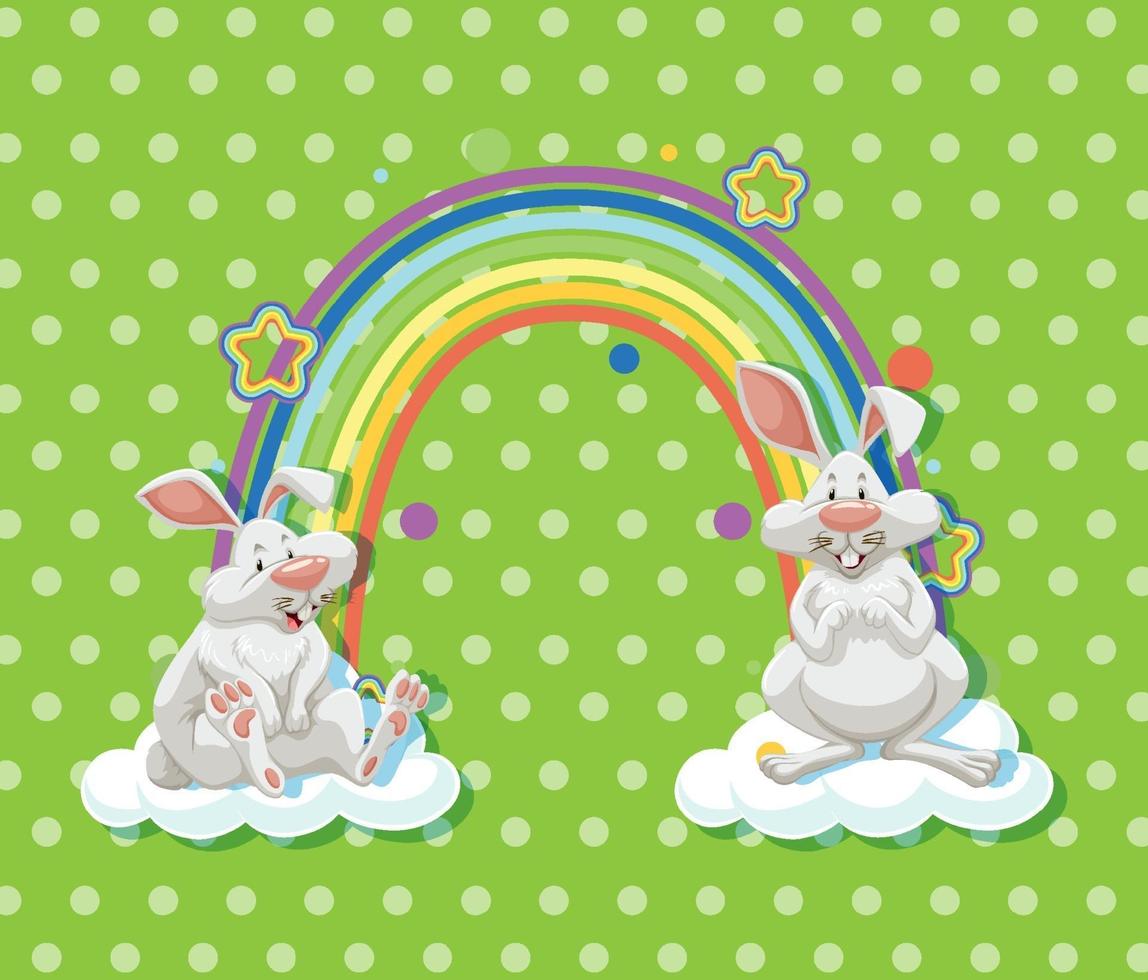 Two rabbits on the cloud with rainbow on green polka dot background vector