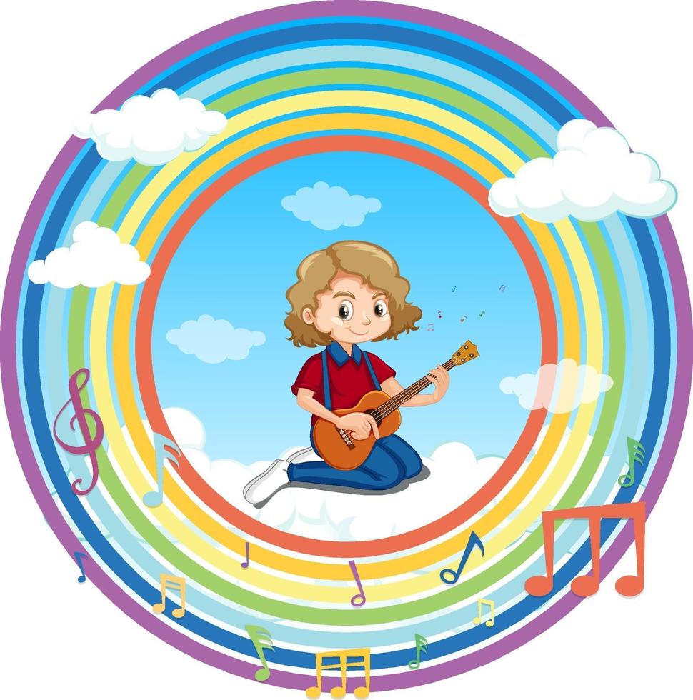 Happy girl playing guitar in rainbow round frame with melody symbol vector