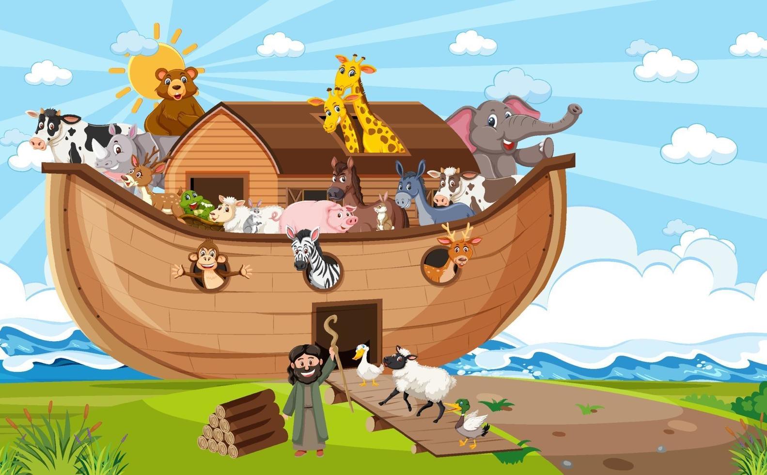 Noah's Ark with wild animals in nature scene vector