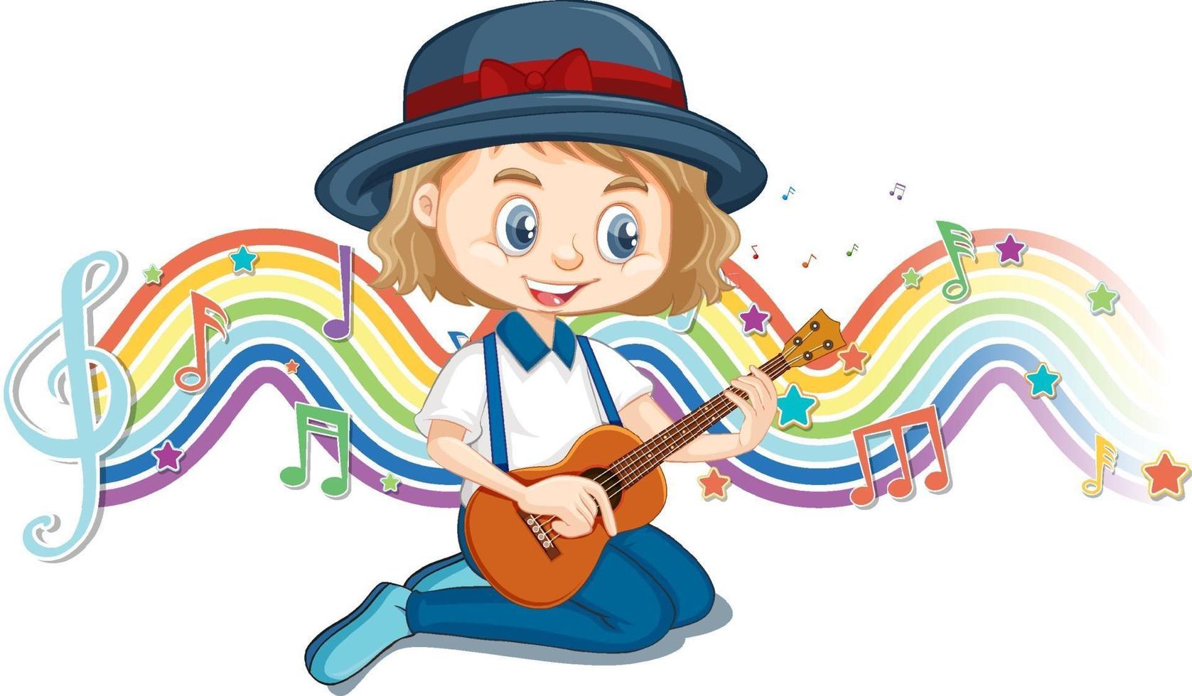 Girl playing guitar with melody symbols on rainbow wave vector