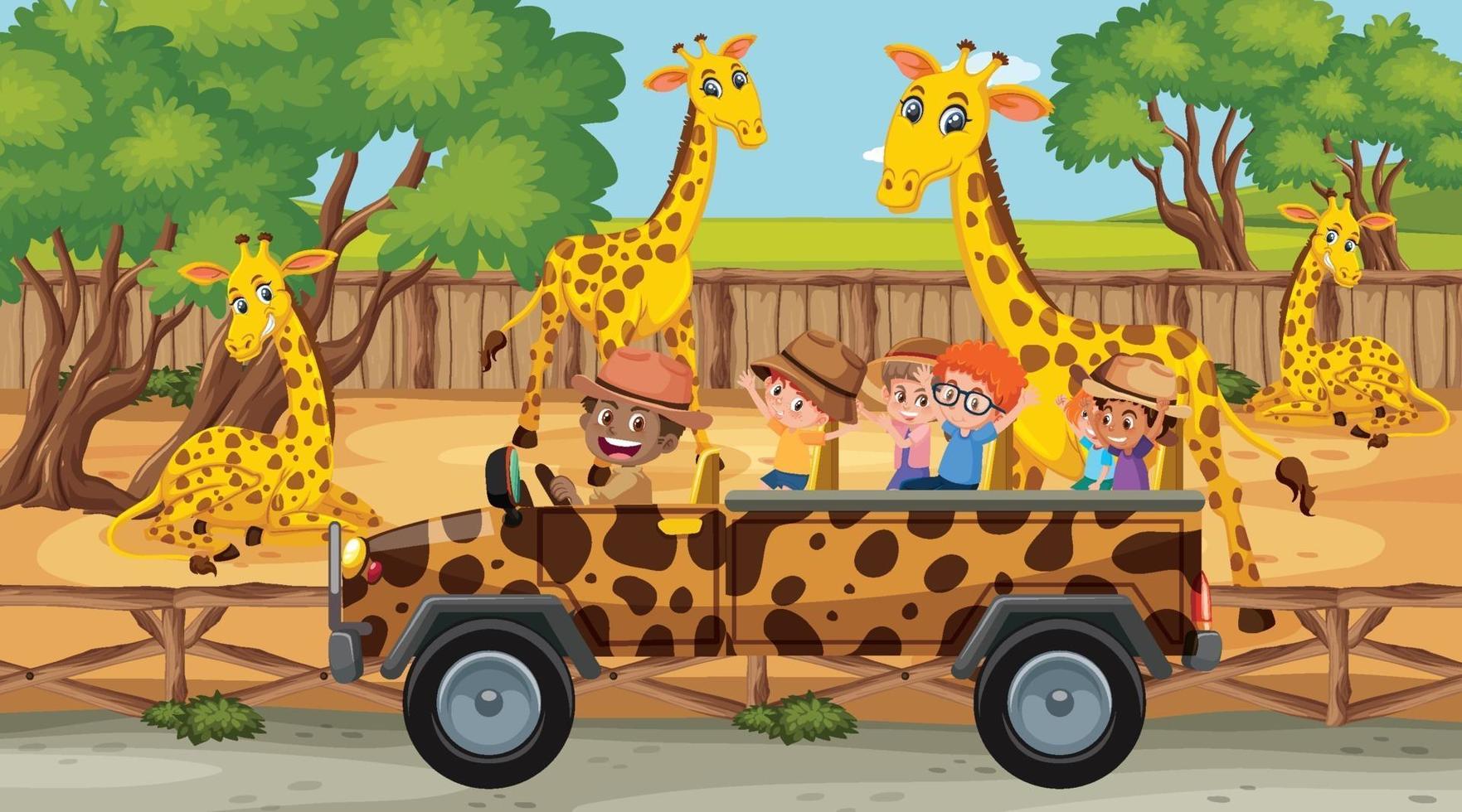Safari scene with many giraffes in a cage car vector