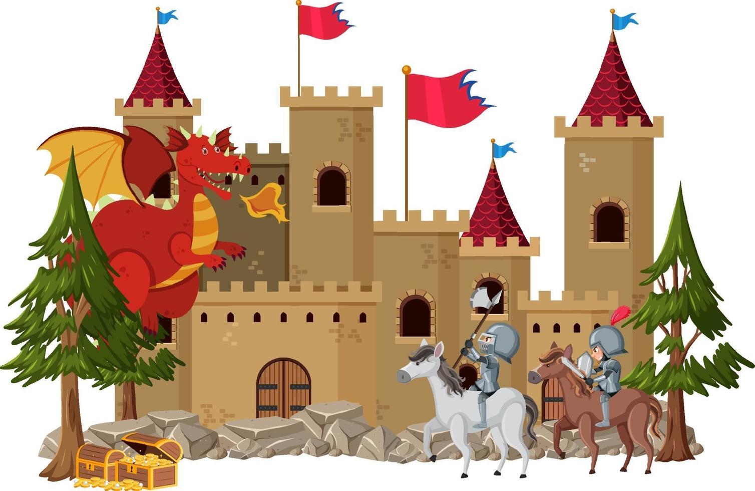 Los caballeros luchan con el dragón en el castillo. vector