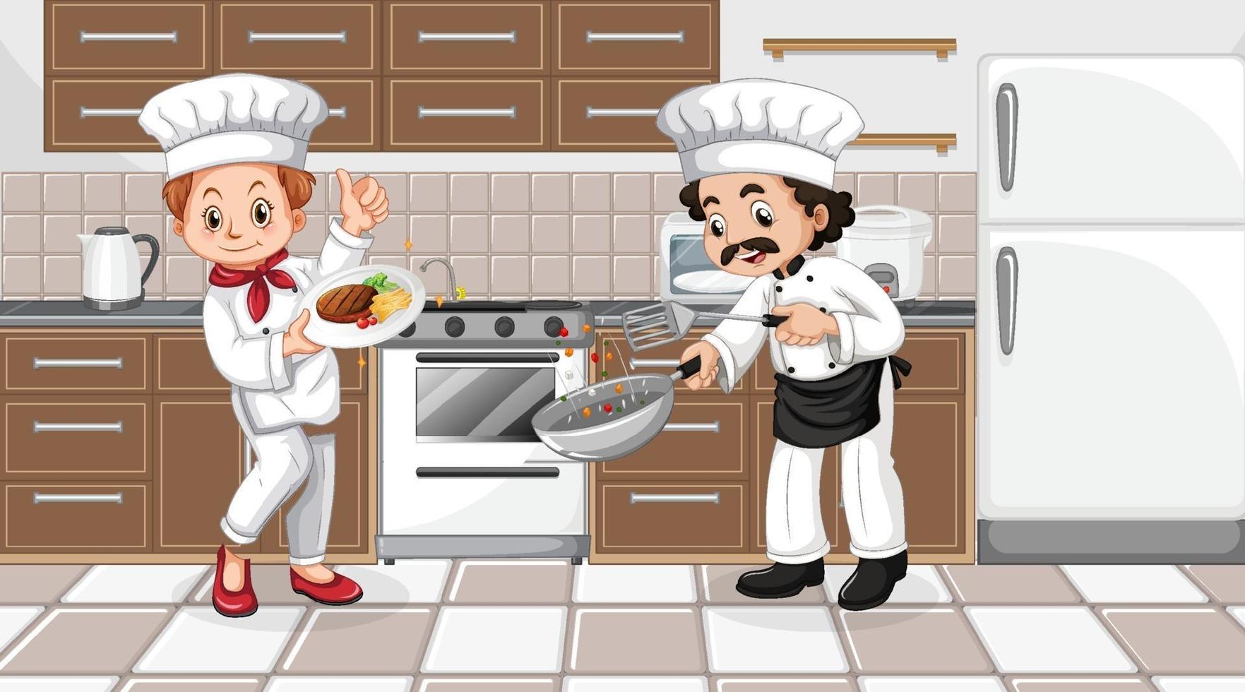 escena de la cocina con dos chefs personaje de dibujos animados vector