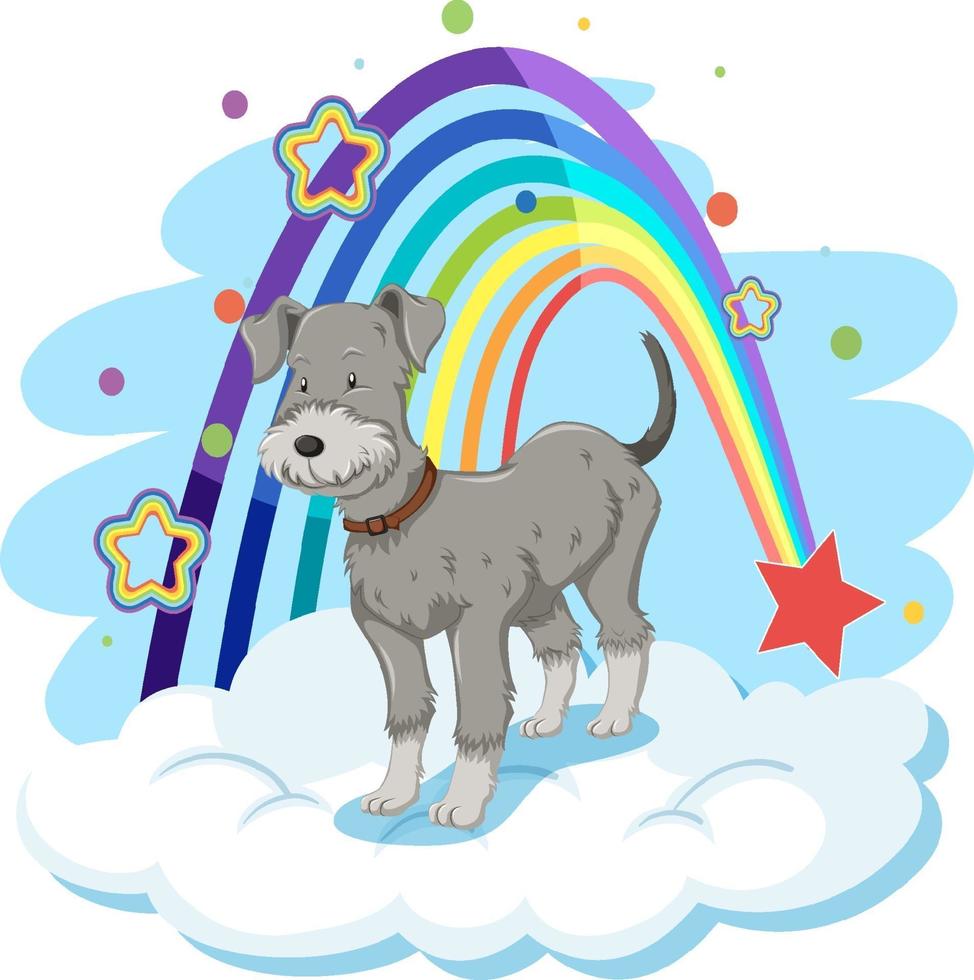 lindo perro en la nube con arcoiris vector