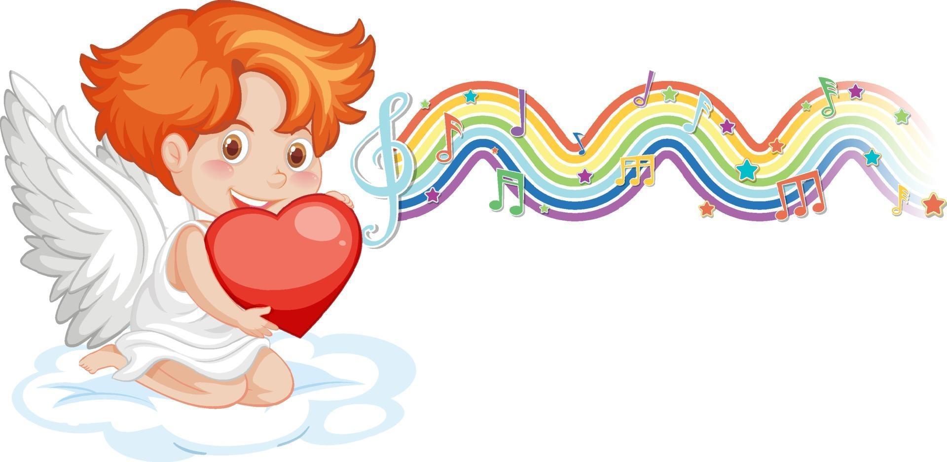 Cupid boy holding heart with melody symbols on rainbow wave vector