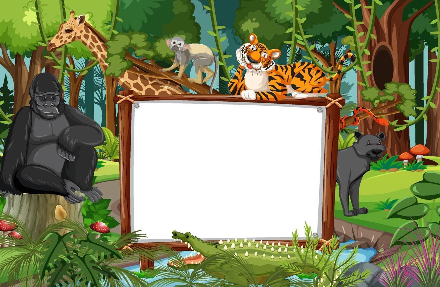 Blank banner in the rainforest scene with wild animals vector