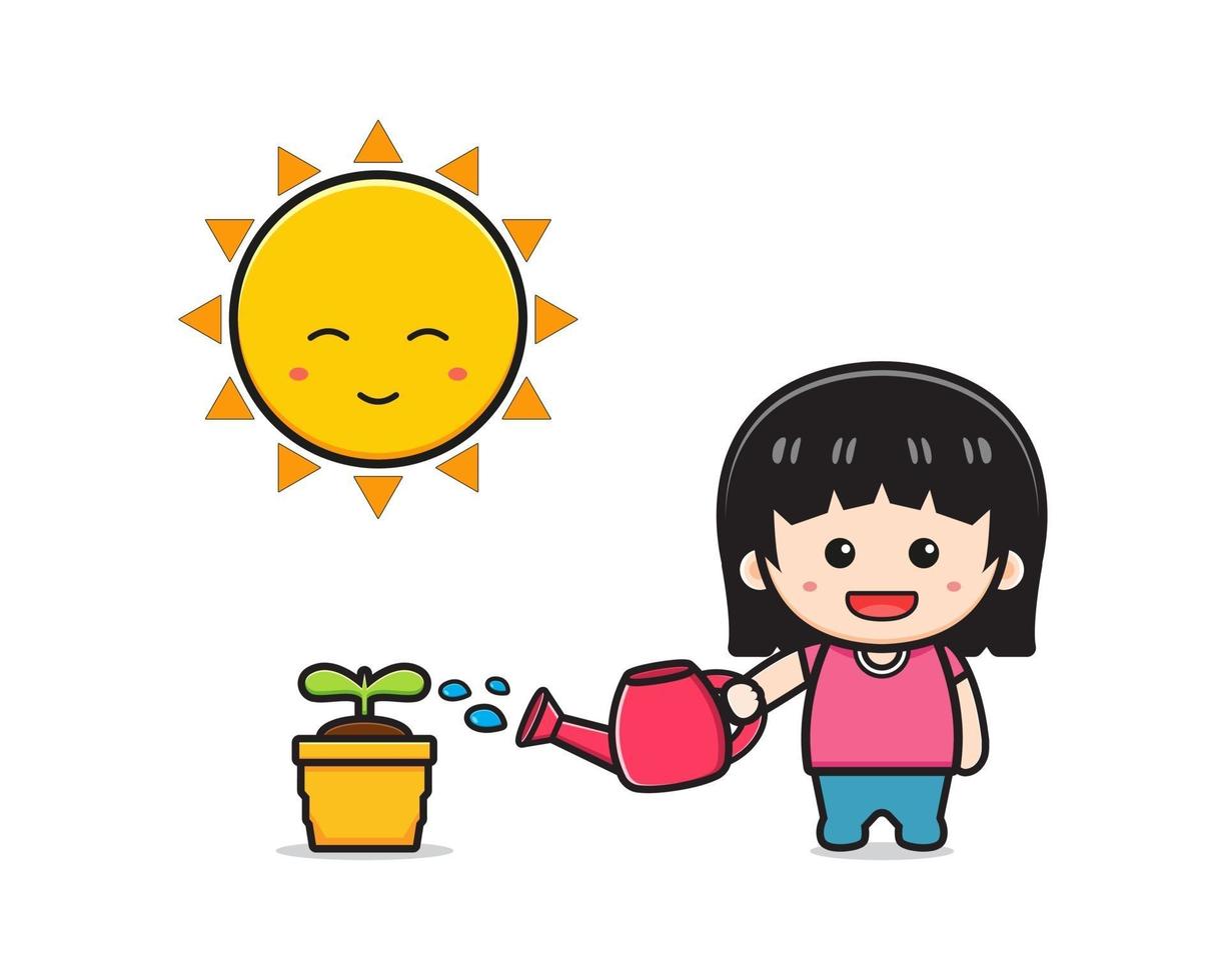 Cute girl watering plant cartoon icon illustration vector