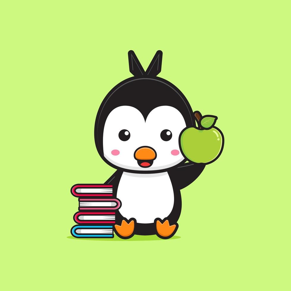 Cute penguin sit holding apple with book cartoon icon illustration vector
