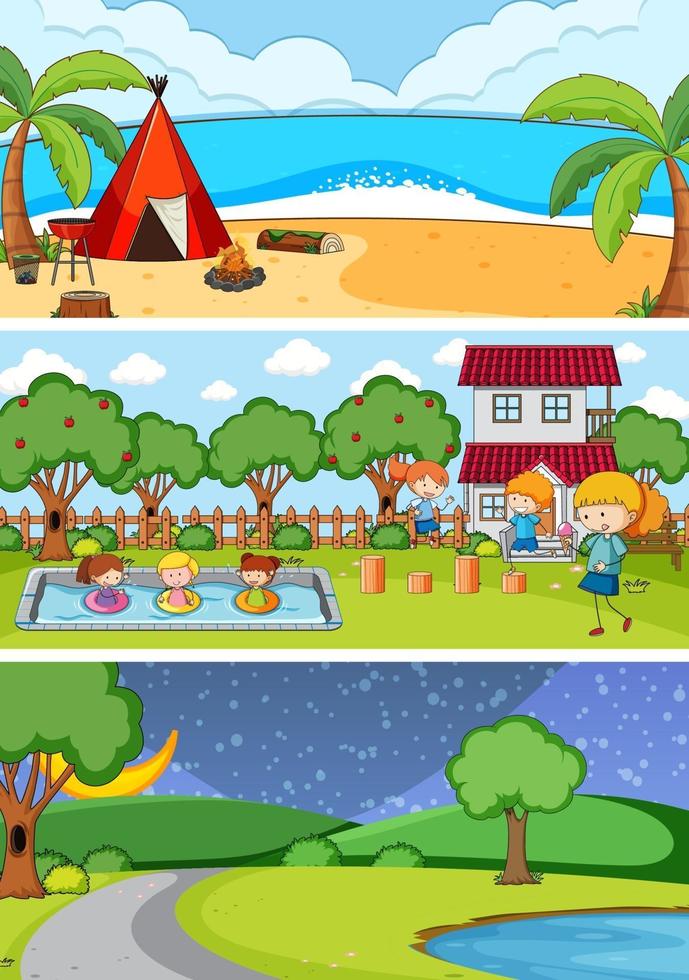 Different scenes with doodle kids cartoon character vector