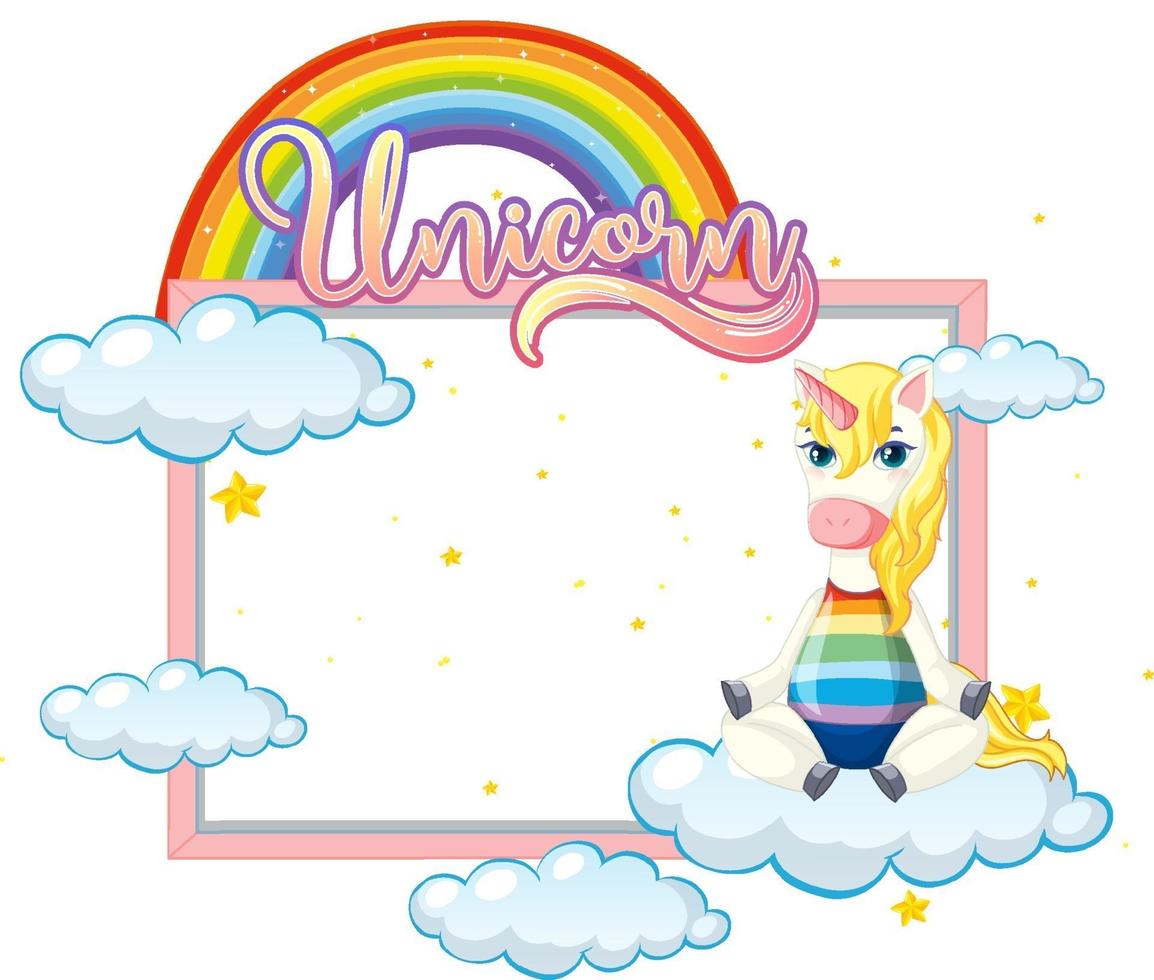 Empty banner with cute unicorn cartoon character on white background vector