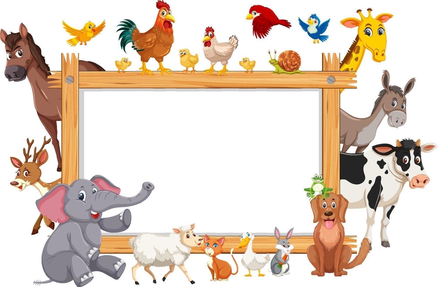 Empty wooden frame with various wild animals vector