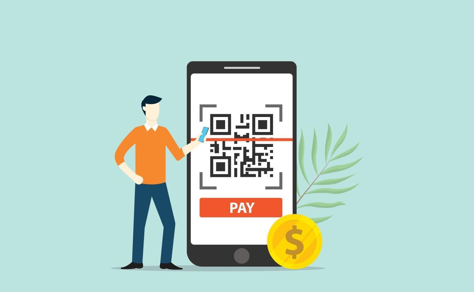 qrcode online payment technology scan with business man standing vector