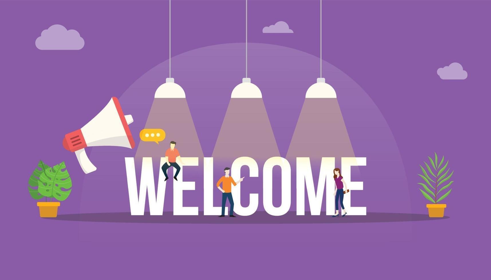 welcome big word text with team people around with big lamp vector