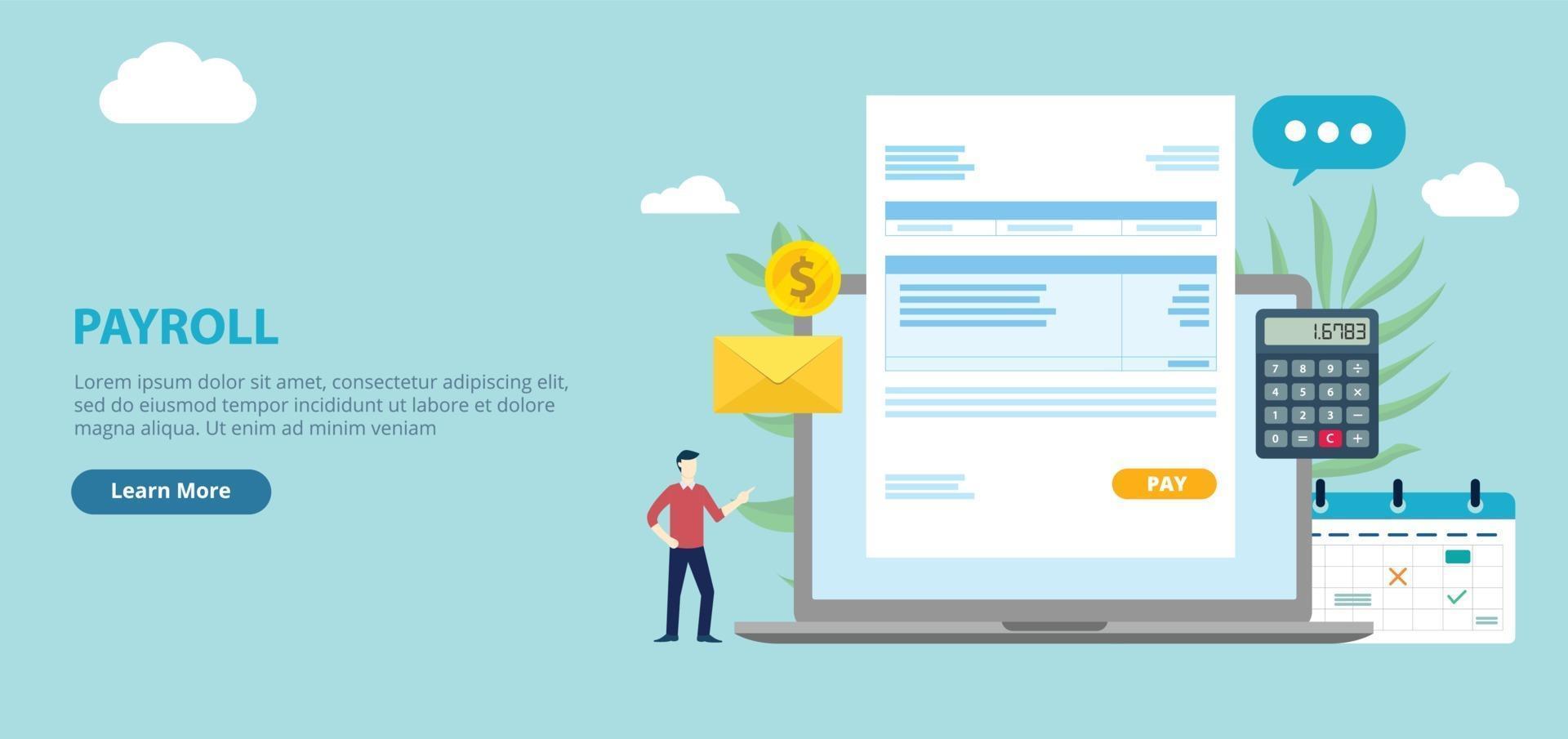 payroll employee worker with invoice paper on the front of laptop vector