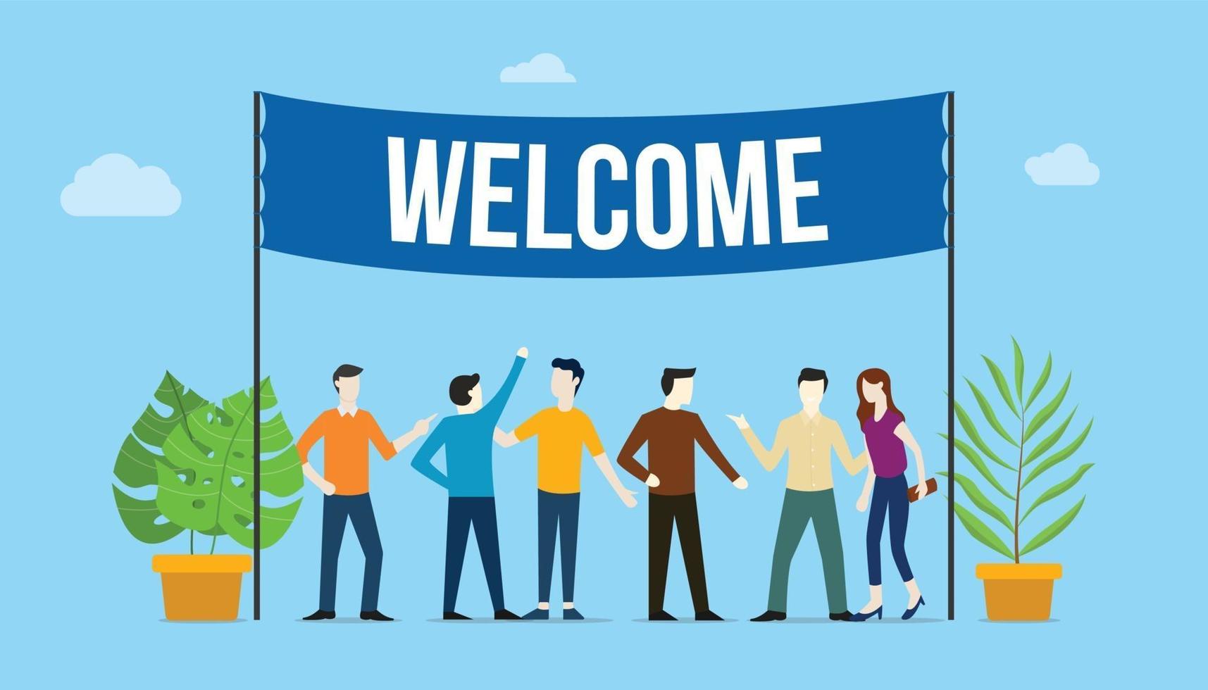welcome sign board welcomes concept with business team people vector