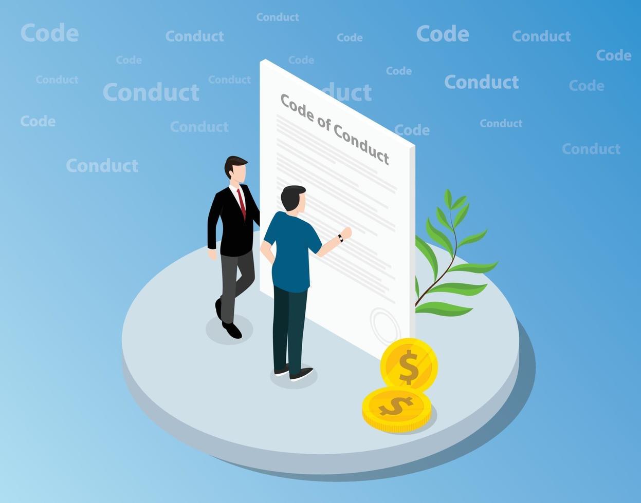 isometric code of conduct concept with business man standing together vector