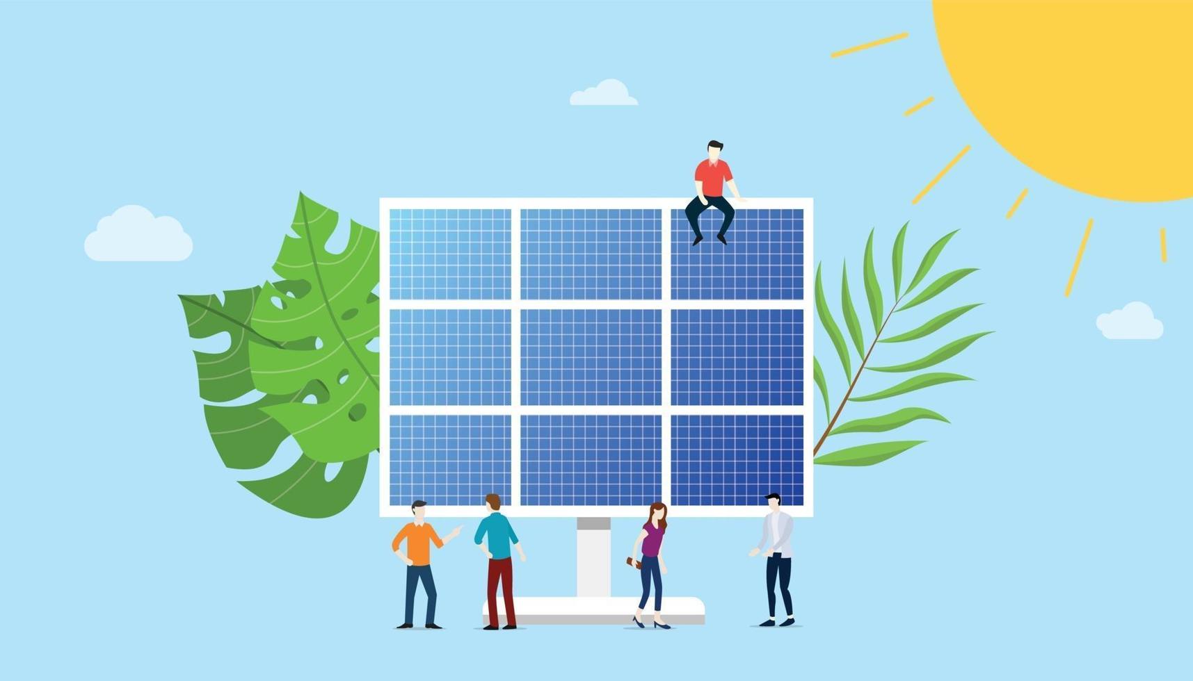 solar panel energy electric with team people vector