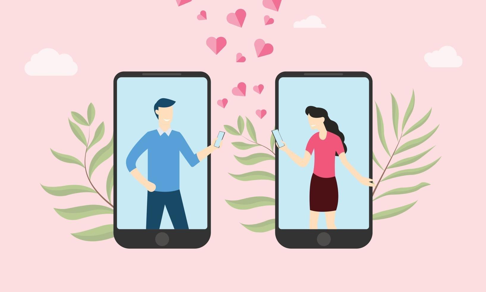 Relación de amor virtual en línea con texto de pareja en el teléfono inteligente vector