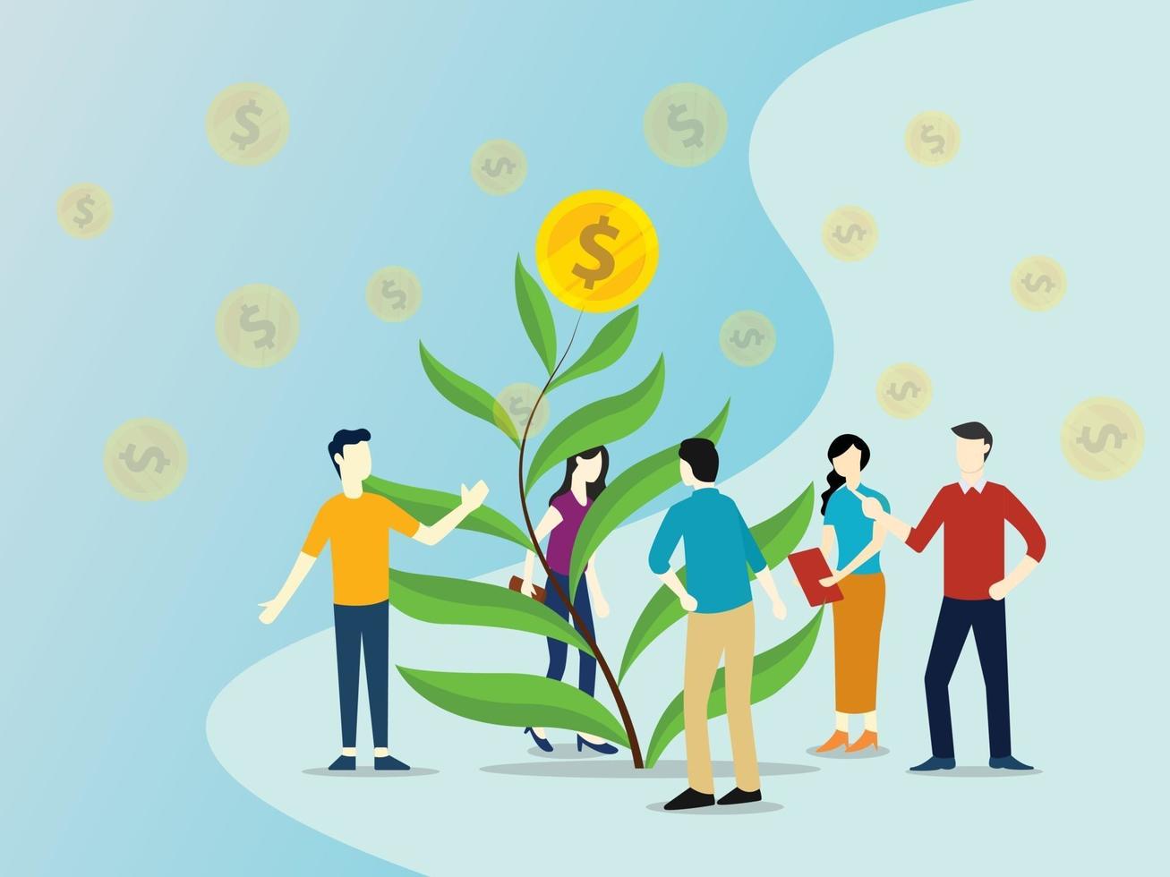 team growing investment with tree leaf with gold coin vector