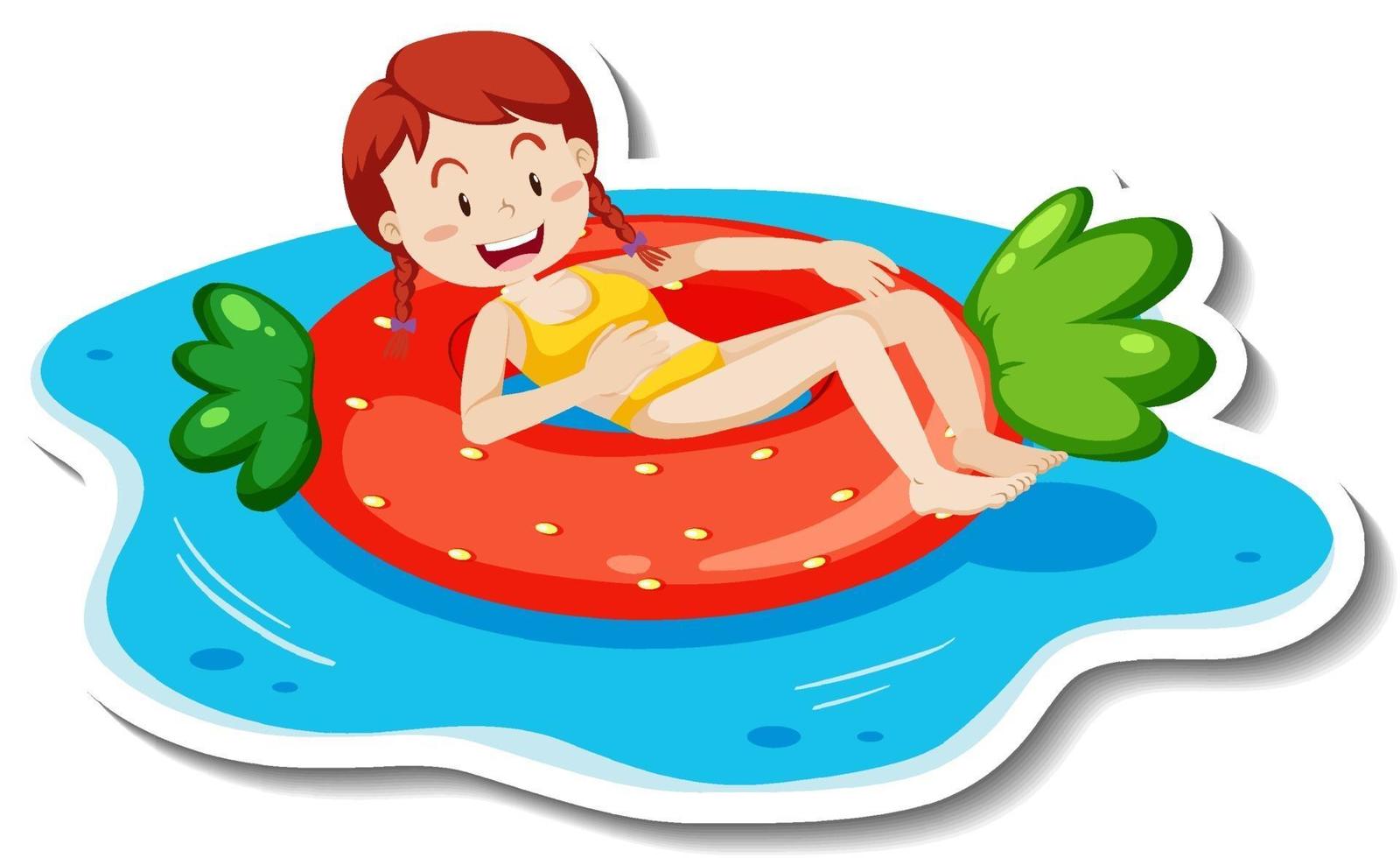 A sticker template with a teenager girl laying on swimming ring vector