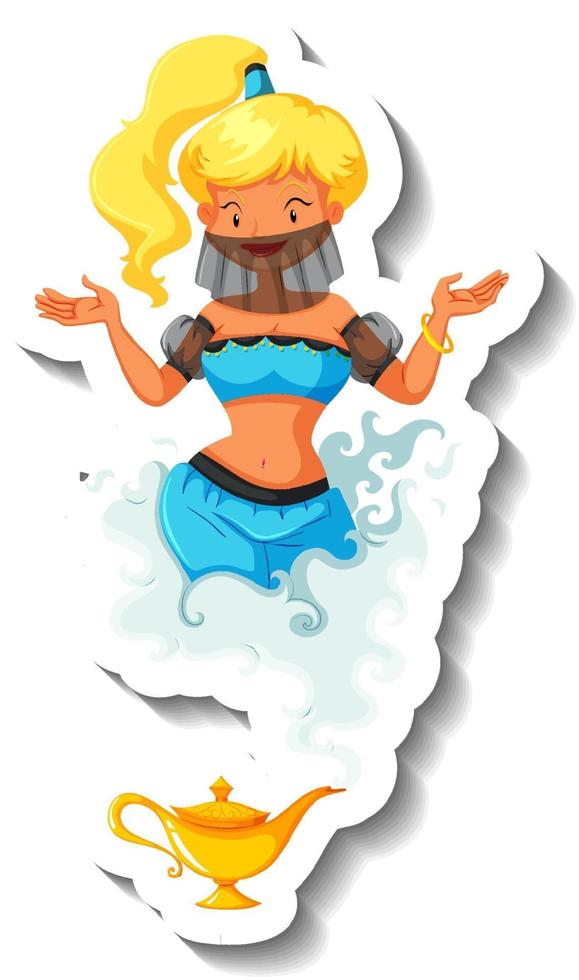 Genie lady coming out of magic lamp cartoon character sticker vector