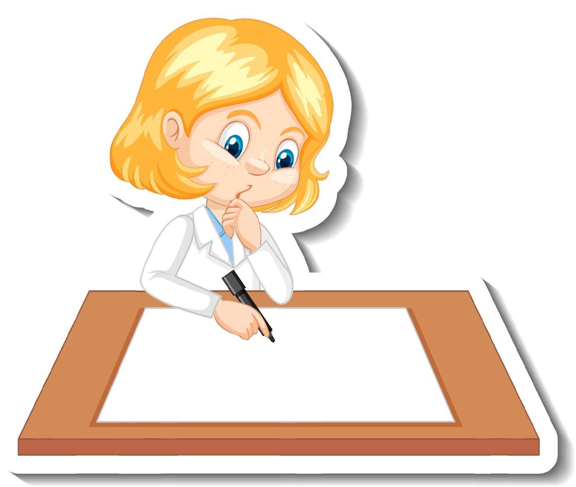 Girl in scientist outfit writing on empty desk vector