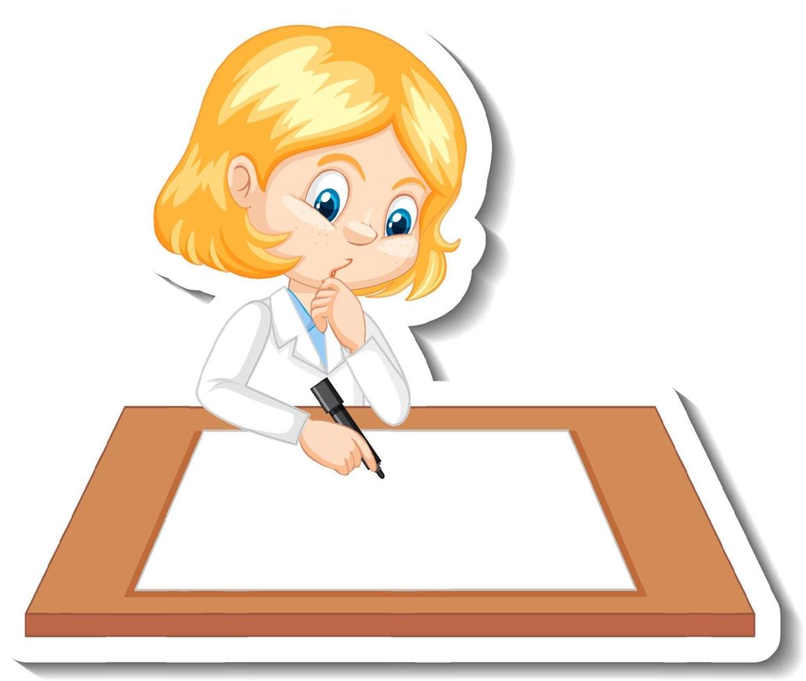 Girl in scientist outfit writing on empty desk vector