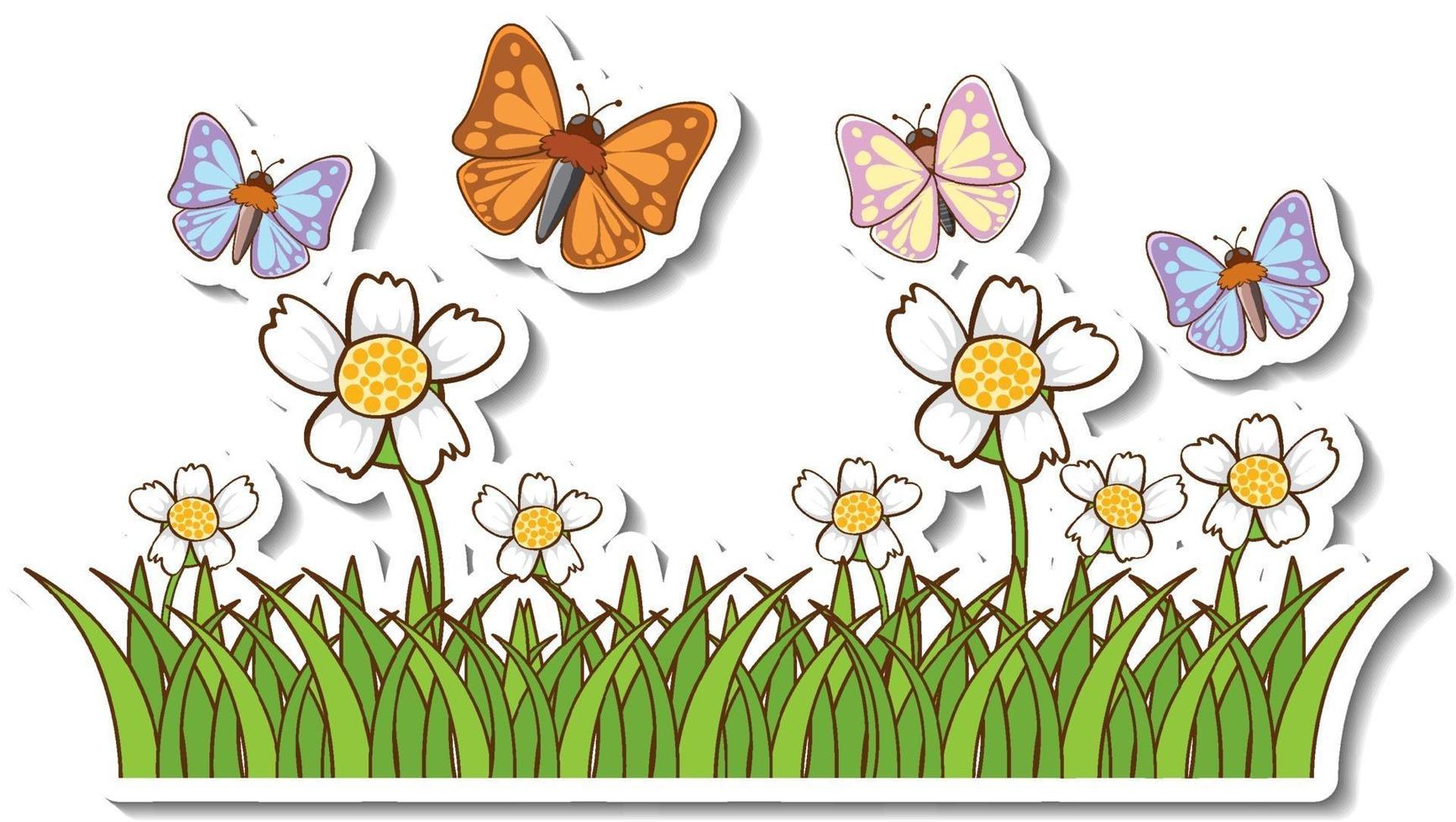 Many butterflies flying above grass field sticker vector