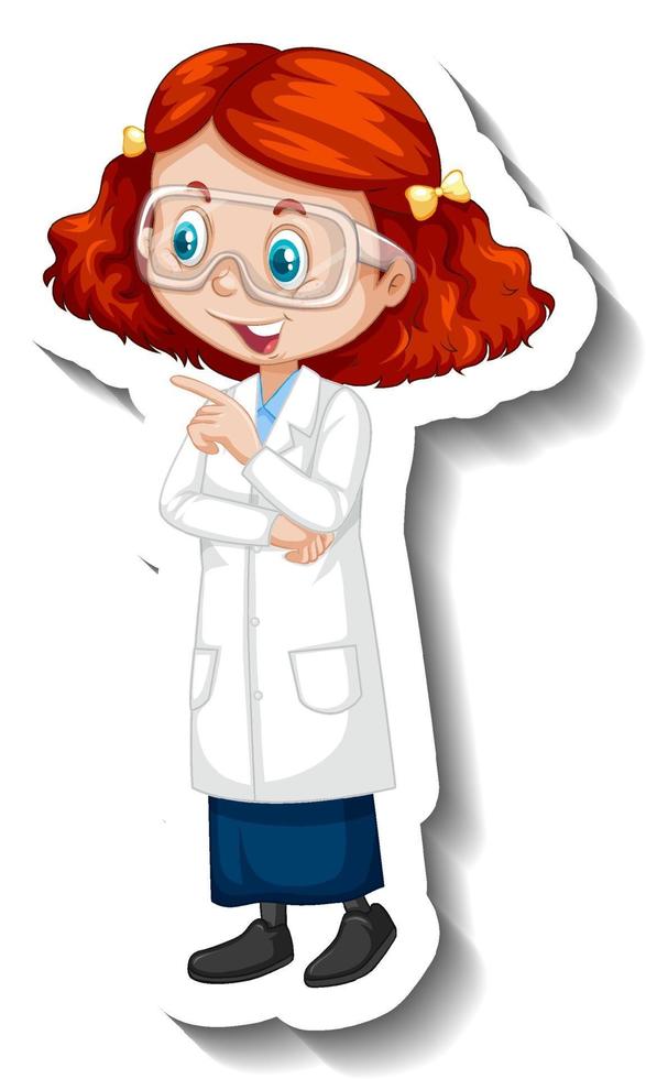 pegatina de personaje de dibujos animados con una chica en bata de ciencia vector