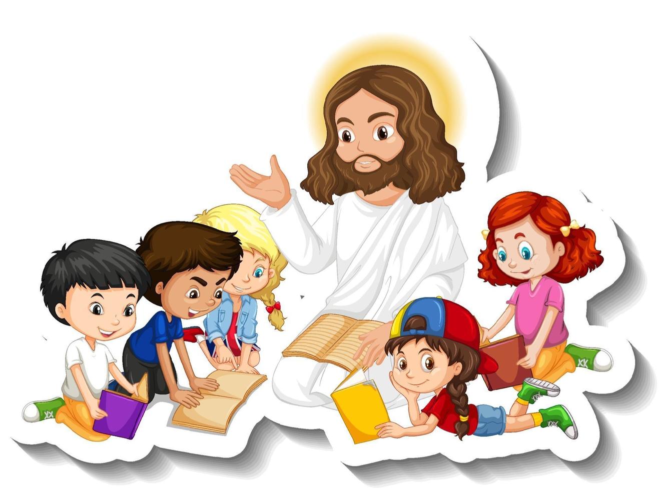 Jesucristo con el grupo de niños pegatina sobre fondo blanco. vector