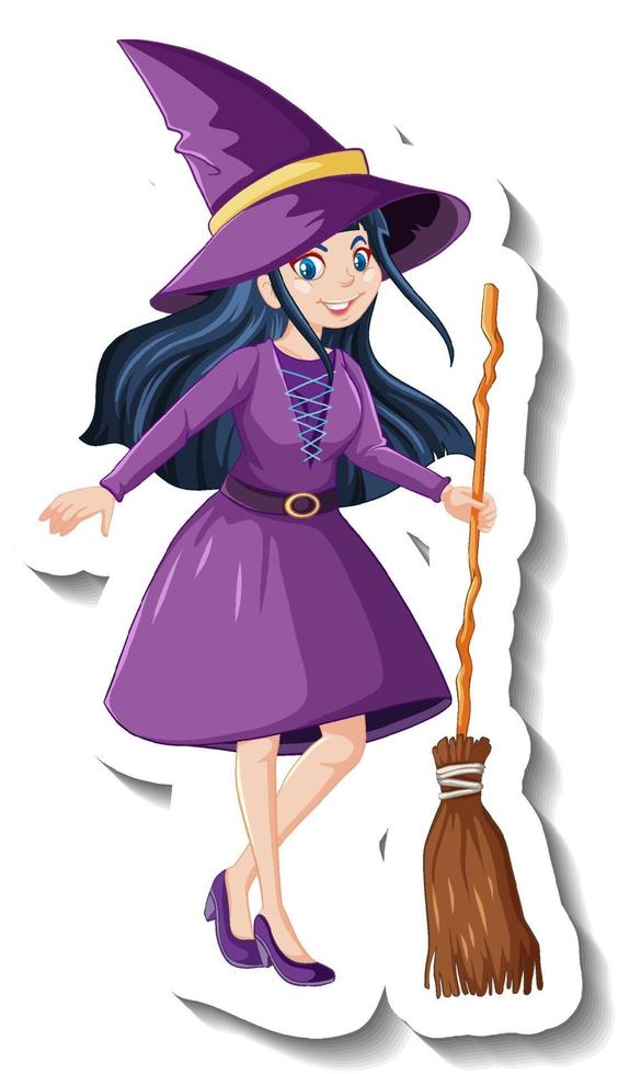 Beautiful witch holding broomstick cartoon character sticker vector