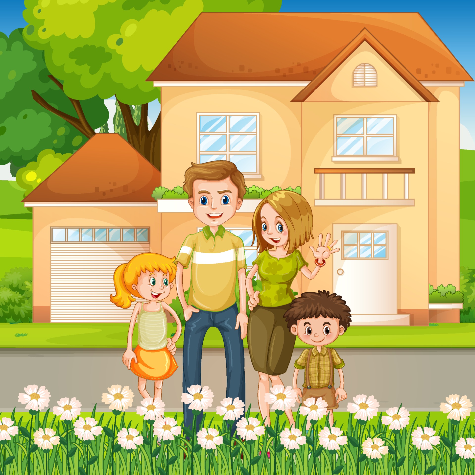Happy family standing outside home 3177784 Vector Art at Vecteezy