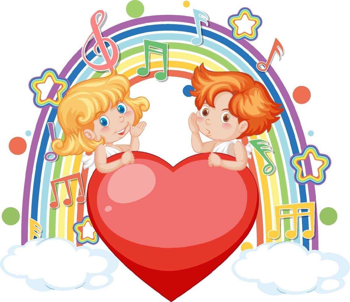 Cupido pareja en la nube con símbolos de melodía en arco iris vector