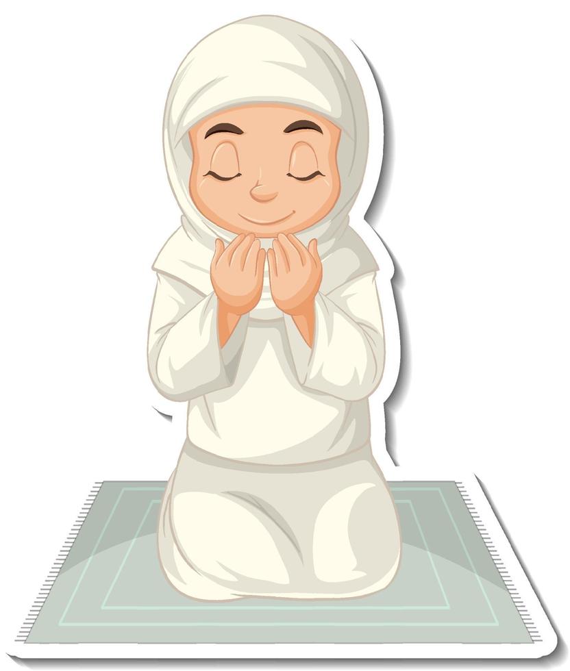 A sticker template with Muslim girl sitting on rug and praying vector